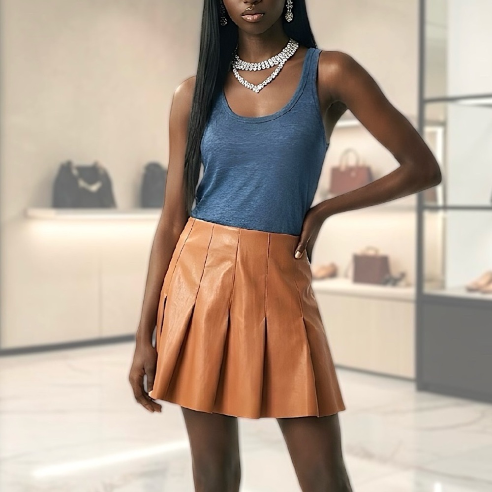 dRA Women’s Rust Brown Pleated Mini Faux Leather Skirt Sz M
